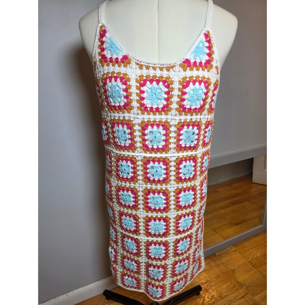 Willow & Wind Crochet Granny Square Mini Dress Boho Cottagecore Multi Color M